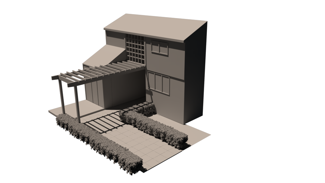 A photorealistic 3D render of a backyard patio and entertainment area.