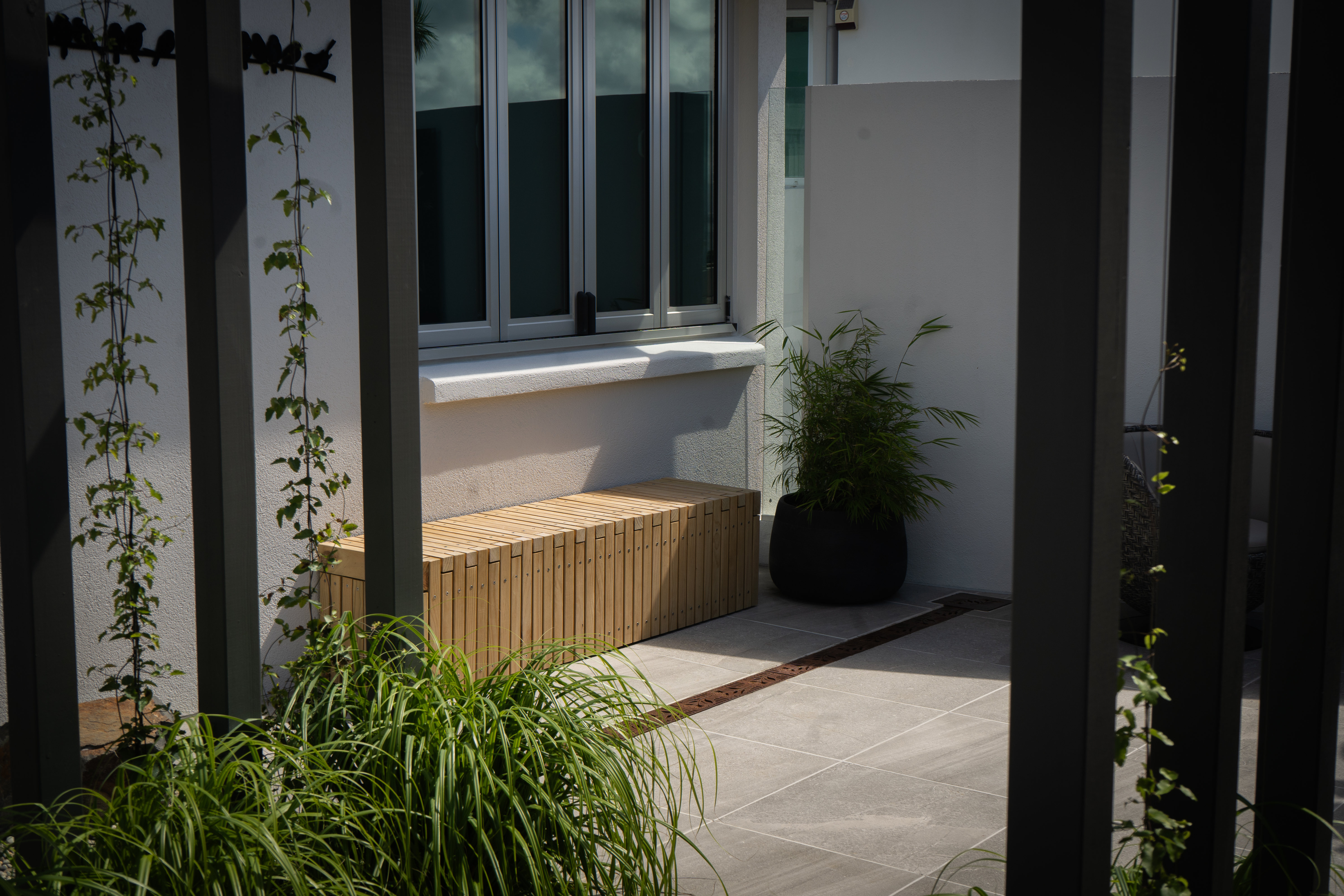 Outdoor lighting fixtures highlighting the plants.