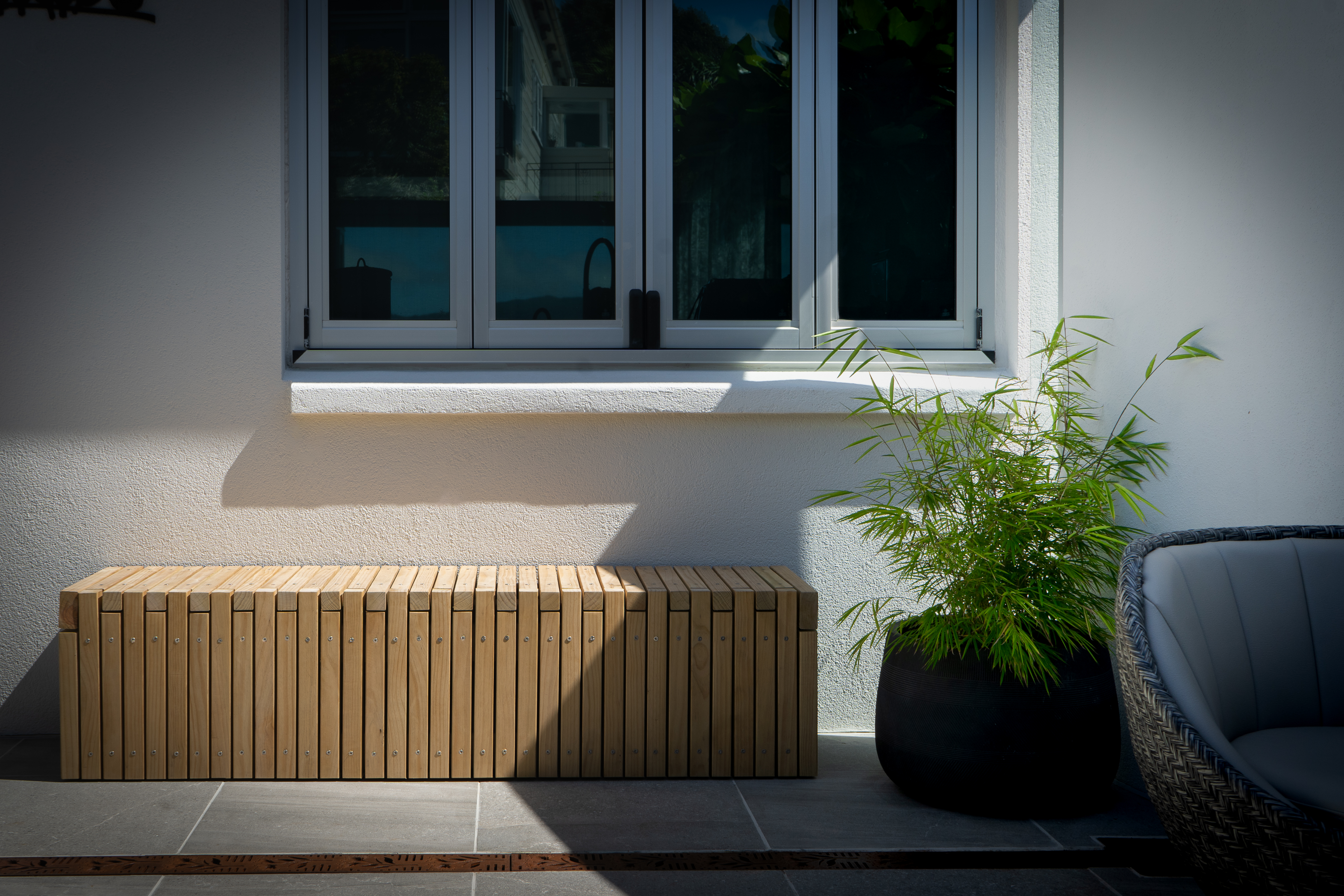 Water feature integrated into the courtyard design.