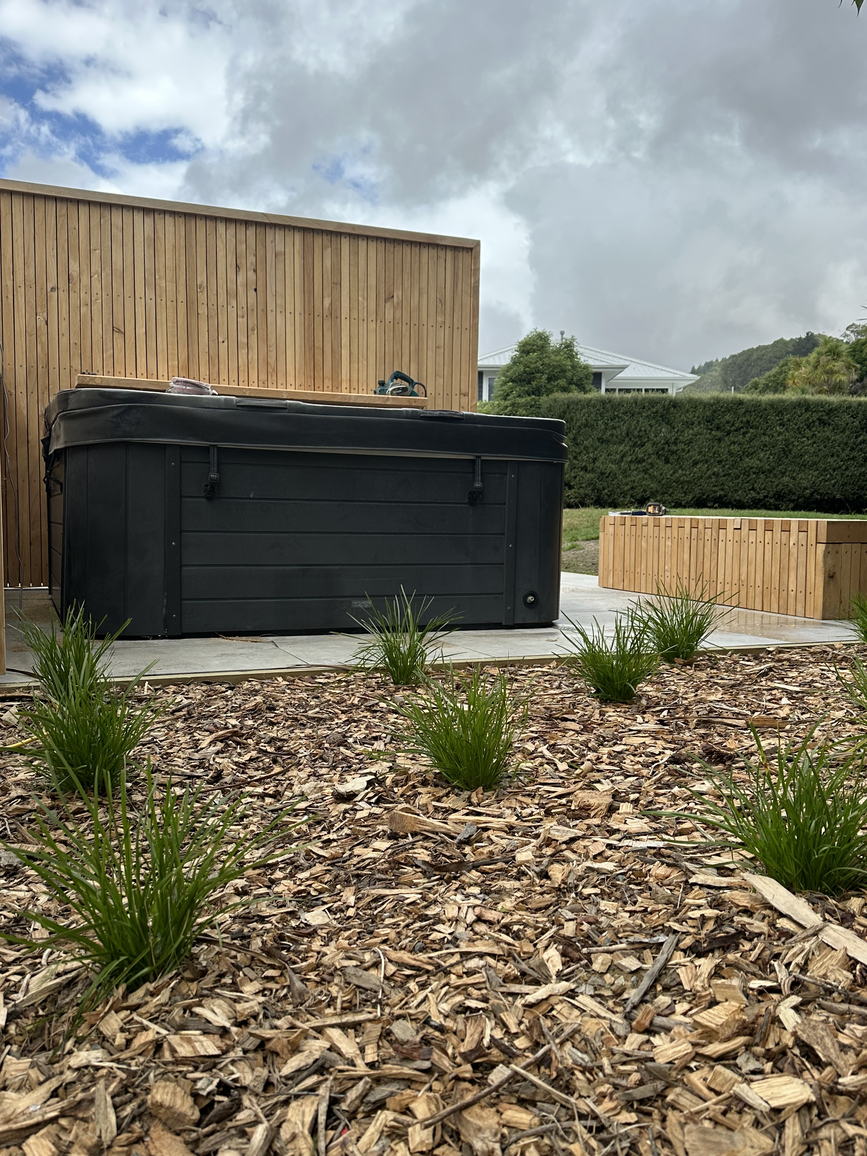 A landscaper carefully planting a new specimen in a garden bed.